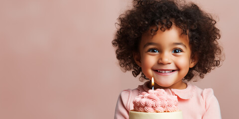 Cute small girl holding birthday cake with candle. Banner with copy space.