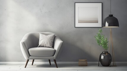 Interior design of unique living room with stylish commode, armchair, dired flowers in vase, mock up poster on the wall, carpet, decoration and personal accessories in modern home decor. Template
