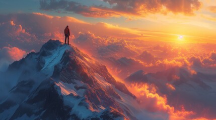 Illustrate a person reaching the summit of a mountain