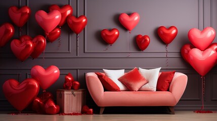Interior of living room decorated for Valentine's Day with sofas and heart-shaped balloons