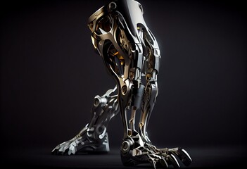 Steel artificial robotic leg parts in action, 3d rendering on dark background. Generative AI