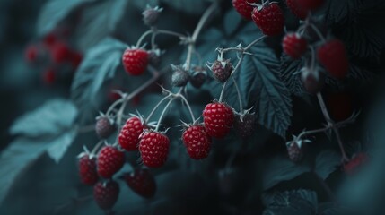 A close-up view of a group of red raspberries