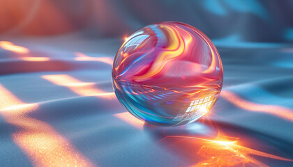 Crystal clear glass sphere on silky fabric reflecting warm sunset hues.