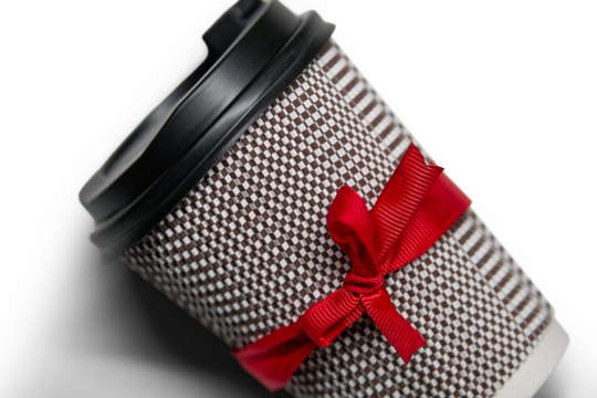 Disposable coffee cup, ribbed paper cup with plastic lid, black and white patern and red ribbon on a transparent background with shadow.