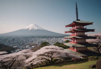 Traditional Japanese temple and snow-capped Mount Fuji with cherry blossom trees in spring, Japan