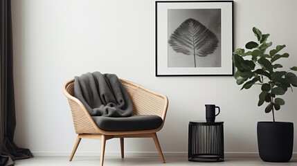 Modern scandinavian living room interior with black mock up poster frame, design commode,  leaf in vase, black rattan basket, books and elegant accessories. Template. Stylish home decor.