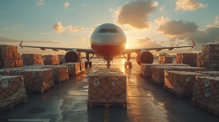 Cargo pallets are being loaded into a commercial airplane - obrazy, fototapety, plakaty