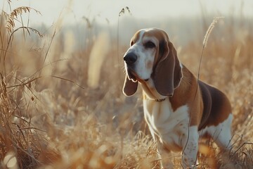 A Basset Hound dog standing in grass