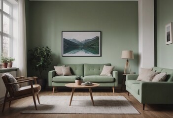 The living room has soft green walls, a comfy green sofa, and modern Scandinavian furniture
