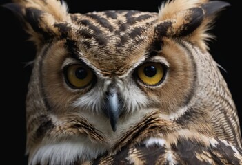 Fototapeta premium An Eurasian Eagle Owl staring at something out of shot in a woodland setting.