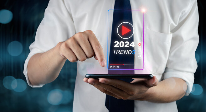 2024 trends video online content, songs, and performances that are hot and trending Influencers create new works Popular vertical video concept, display screen, virtual video hologram, video effect.