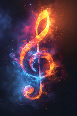 Vertical illustration of a glowing music G clef with colorful colors on black background