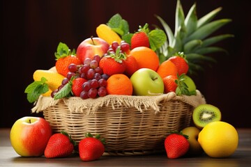 Fresh and healthy fruits in straw baskets, Fresh healthy fruits on the straw basket on a Dark background, Ai generated