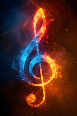 Vertical illustration of a glowing music G clef with colorful colors on black background
