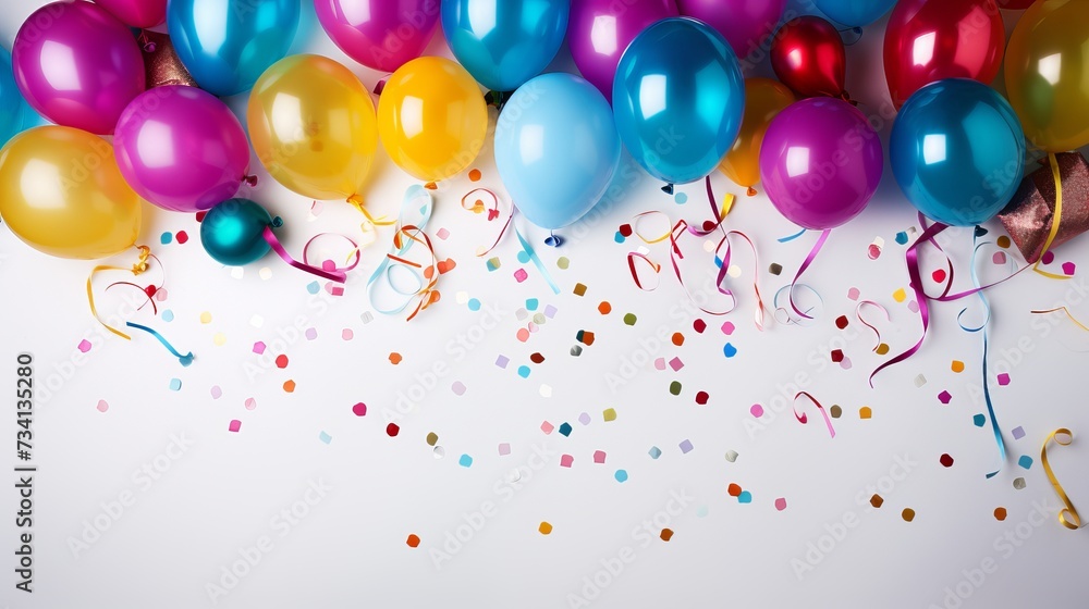 Poster overhead background collection of colorful birthday party objects in rainbow colors
