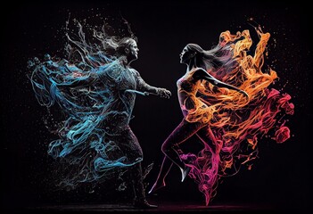 Colorful dynamic artistic couple dancing. Generative AI - obrazy, fototapety, plakaty