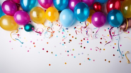 Overhead background collection of colorful birthday party objects in rainbow colors