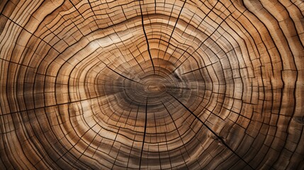 Naklejka premium Old wooden oak tree cut surface. Detailed warm dark brown and orange tones of a felled tree trunk or stump. Rough organic texture of tree rings with close up of end grain