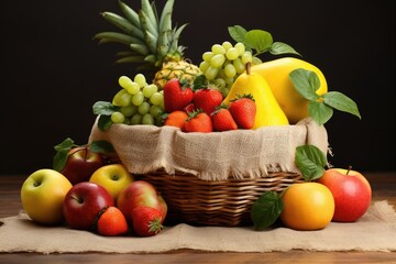 Fresh and healthy fruits in straw baskets, Fresh healthy fruits on the straw basket on a Dark background, Ai generated