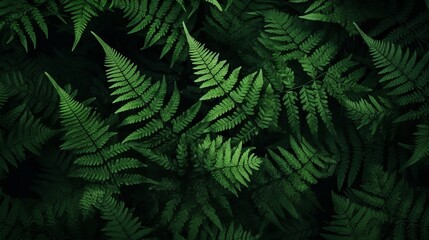 Perfect natural young fern leaves pattern background. Dark and moody feel. Top view. Copy space - obrazy, fototapety, plakaty