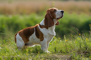 A Basset Hound dog standing in grass