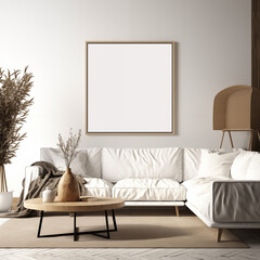 Frame mockup, Living room wall poster mockup. Interior mockup with house background. Modern interior design. 3D render, ISO A paper size