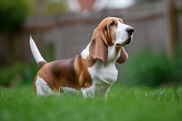 A Basset Hound dog standing in grass
