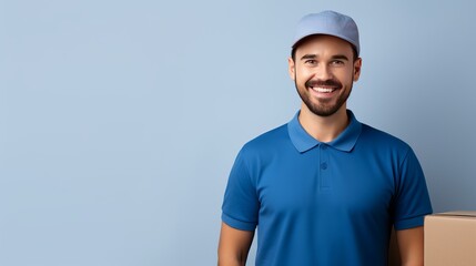 Professional smiling cheerful fun delivery guy employee man wear blue cap t-shirt uniform workwear work as dealer courier hold cardboard box isolated on plain light beige background. Service concept - obrazy, fototapety, plakaty