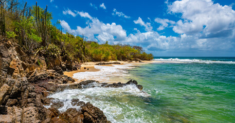 Panorama of “Petite Anse des Salines“ is a pristine secluded small beach on tropical island...