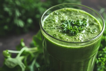 A fresh green smoothie in a glass garnished with parsley on a dark background.