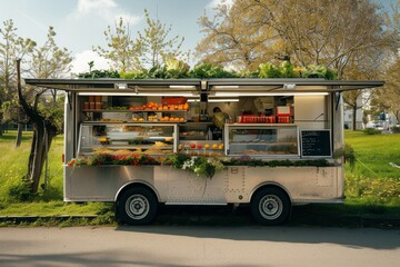 A mobile market truck filled with fresh produce parked in a sunny park.