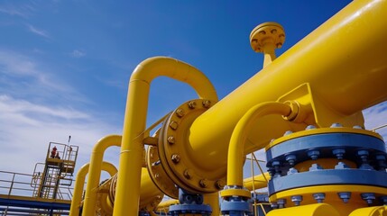 Yellow industrial pipes and machinery against a clear blue sky at an oil or gas plant.