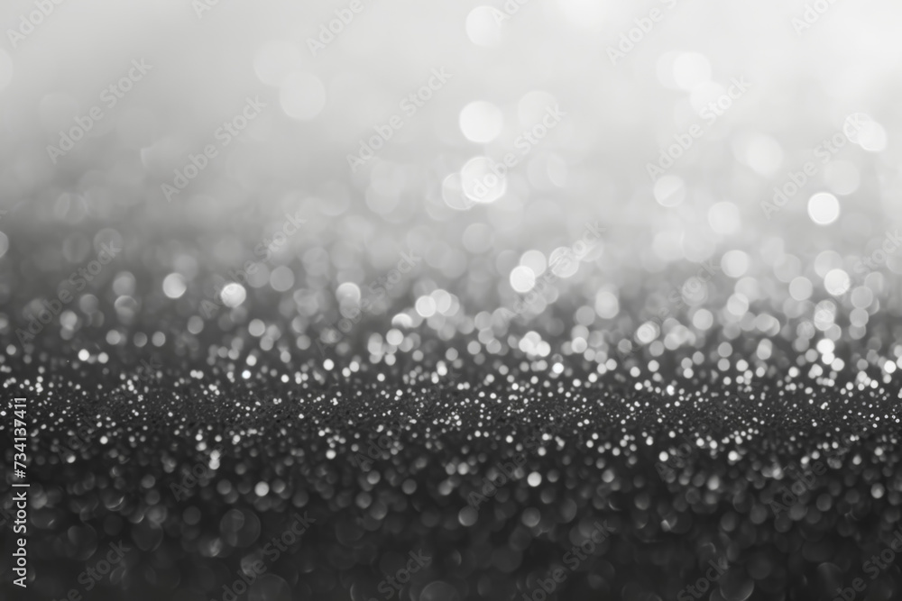 Poster a monochrome bokeh effect with shimmering silver and gray circles creating a blurred sparkle backgro