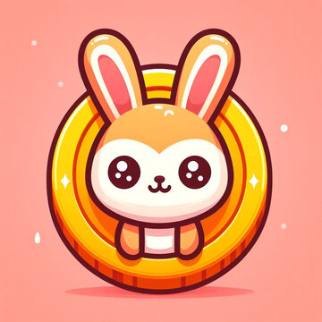 Prepare to be enchanted by a delightful sight! A cute bunny rests on a coin, featuring a rabbit coin logo. Its big eyes and lovable 3D rendering bring this cartoon character to life.