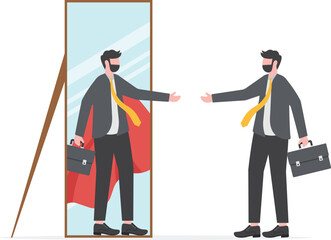 Self confidence or self esteem believe in yourself, positive attitude to success, ambition or determination to achieve goals, businessman looking at his strong ideal self superhero reflection mirror.
