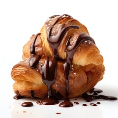 Croissant topped with melted chocolate isolated on white background