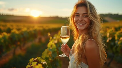 Woman holding wine glass on vine grape in champagne vineyards background