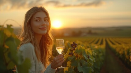 Woman holding wine glass on vine grape in champagne vineyards background - obrazy, fototapety, plakaty