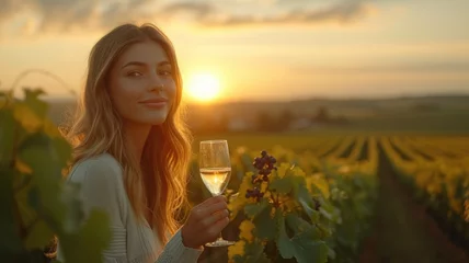 Fototapeten Woman holding wine glass on vine grape in champagne vineyards background © bannafarsai