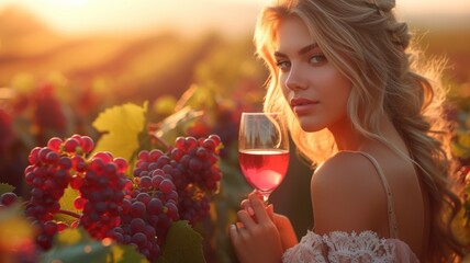 Woman holding wine glass on vine grape in champagne vineyards background