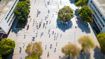 Aerial view of a school campus bustling with students during break time
