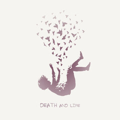 Falling man. Death, afterlife. Flying bird in fog. Isolated silhouette