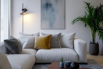 Modern living room with a white sofa adorned with gray and yellow pillows, a potted plant, and a minimalistic art frame.