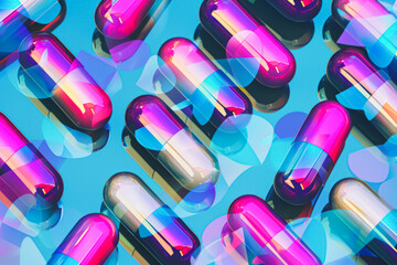 Artistic composition of colorful, shiny capsules with a vibrant blue background and geometric shapes.