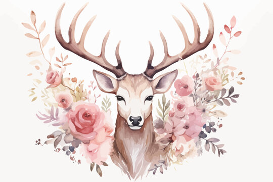 a watercolor painting of a deer with flowers