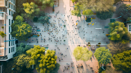Aerial view of a school campus bustling with students during break time