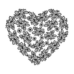 Floral hearts with rose Line art flower hearts background, hand drawn floral elements for Valentines day. Vector illustrations for card or invitations, coloring book