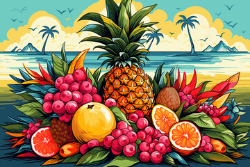 a painting of a pineapple, grapefruit, oranges, and other
