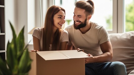 Smiling young couple opening a carton box and looking inside, relocation and unpacking concept