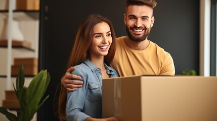 Smiling young couple opening a carton box and looking inside, relocation and unpacking concept - obrazy, fototapety, plakaty